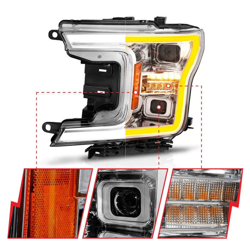 ANZO 18-20 Ford F-150 (w/o Fctry LED) Full LED Proj Headlights w/Light Bar Swtchbk Seq. Chrome w/Int - Installation View