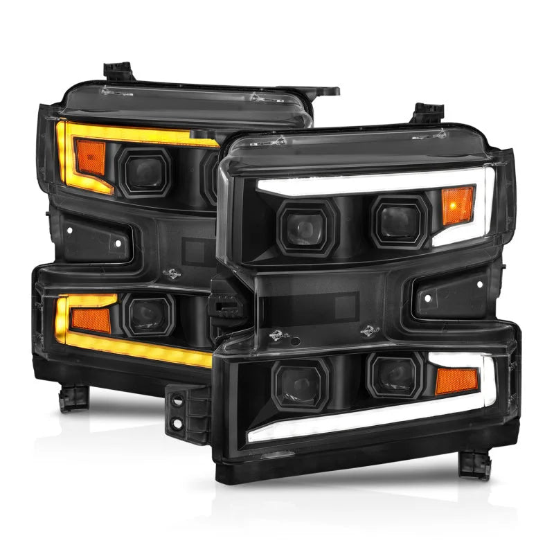 ANZO 19-22 Chevrolet Silverado 1500 LED Proj HL w/Lgt Bar SwBk Seq. Blk w/In. Light - Driver Side ON - Back View