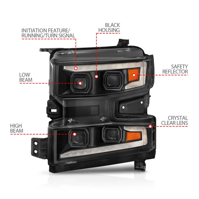 ANZO 19-22 Chevrolet Silverado 1500 LED Proj HL w/Lgt Bar SwBk Seq. Blk w/In. Light - Driver Side ON - Installation View