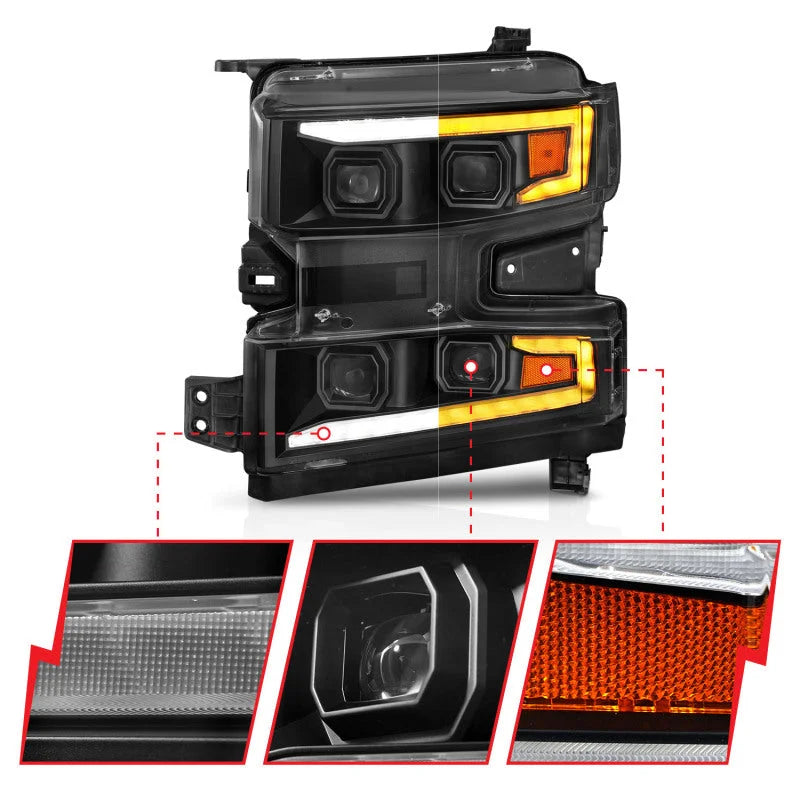 ANZO 19-22 Chevrolet Silverado 1500 LED Proj HL w/Lgt Bar SwBk Seq. Blk w/In. Light - Driver Side ON - Additional View 9