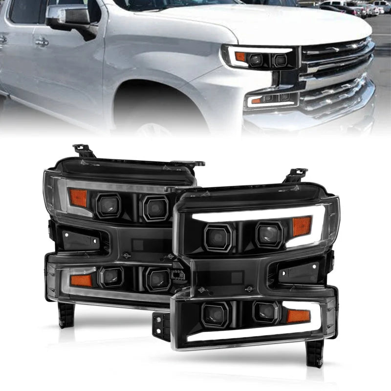 ANZO 19-22 Chevrolet Silverado 1500 LED Proj HL w/Lgt Bar SwBk Seq. Blk w/In. Light - Passenger Side - Main Product View