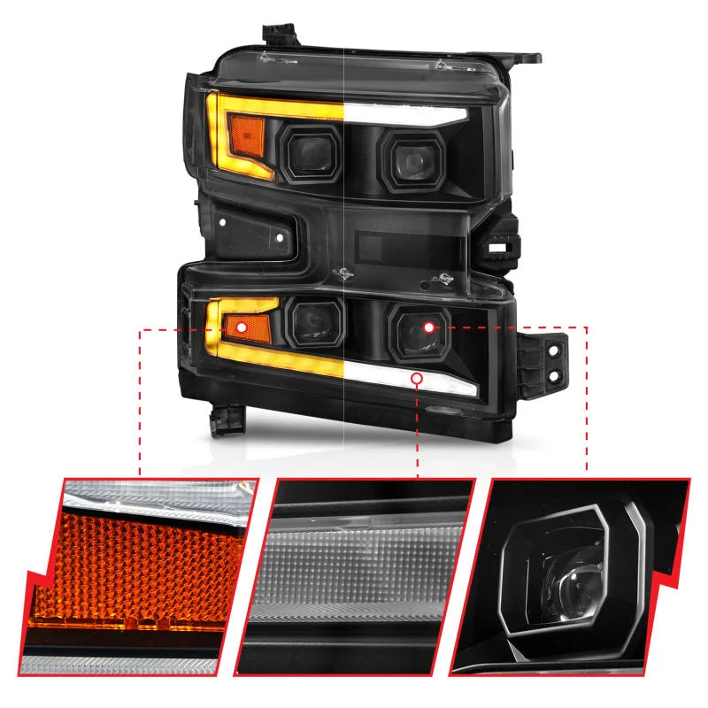 ANZO 19-22 Chevrolet Silverado 1500 LED Proj HL w/Lgt Bar SwBk Seq. Blk w/In. Light - Passenger Side - Back View