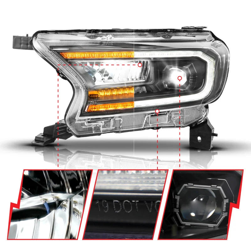 ANZO 19-23 Ford Ranger (Factory Halogen Model) Full LED Proj Headlights Init/DRL/SeqSig Black - Pair - Back View