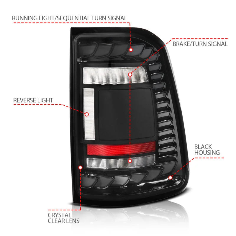ANZO 19-24 RAM 1500 (Factory Halogen Models) Full LED Tail Lights SeqSig Black - Pair - Side View