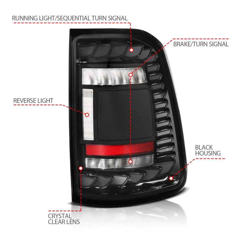 ANZO 19-24 RAM 1500 (Factory LED Models ONLY) Full LED Tail Lights SeqSig Black - Pair - Main Product View