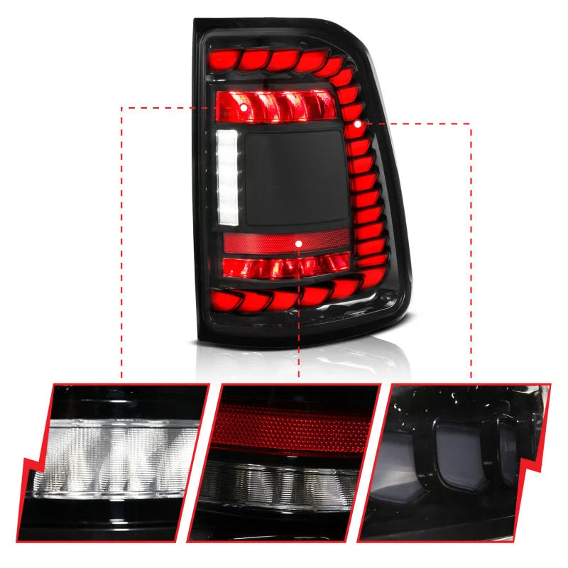 ANZO 19-24 RAM 1500 (Factory LED Models ONLY) Full LED Tail Lights SeqSig Black - Pair - Installation View