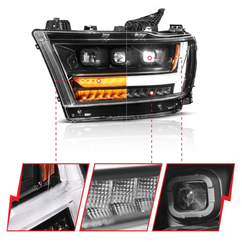 ANZO 19-24 RAM 1500 (New Body/OE Halogen) Full LED Proj Headlights DRL/SeqSig Black - Pass. Side - Back View