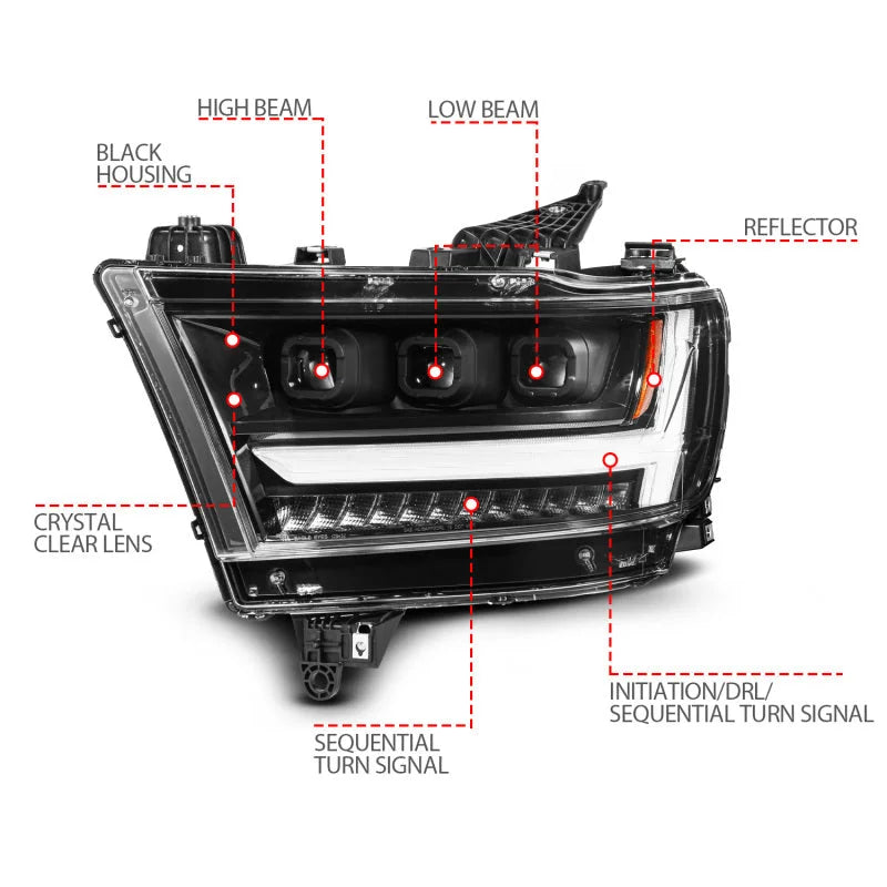 ANZO 19-24 RAM 1500 (New Body/OE Halogen) Full LED Proj Headlights DRL/SeqSig Black - Pass. Side - Additional View 6