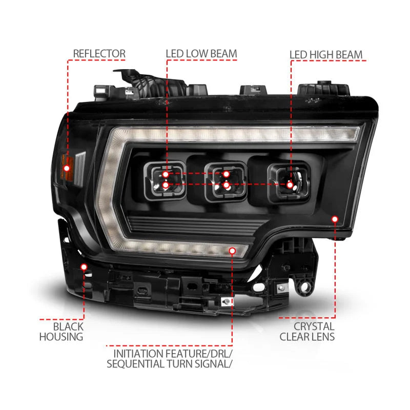 ANZO 19-24 RAM 2500/3500 Z-Series Full LED Proj Headlights DRL/Init/SeqSig - Pass. Side ONLY - Back View