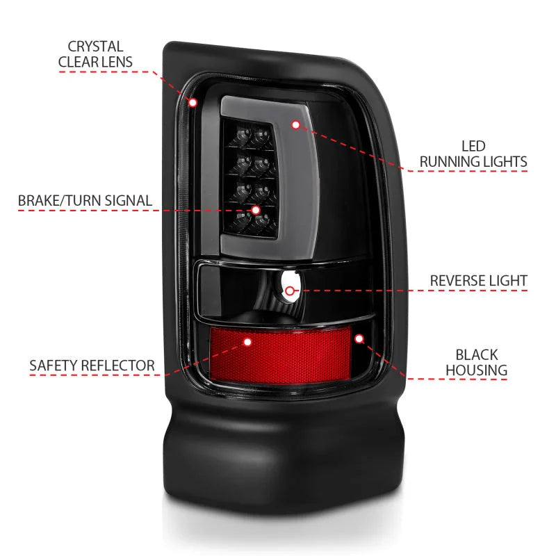 ANZO 1994-2001 Dodge Ram 1500 LED Taillights Plank Style Black w/Clear Lens - Side View