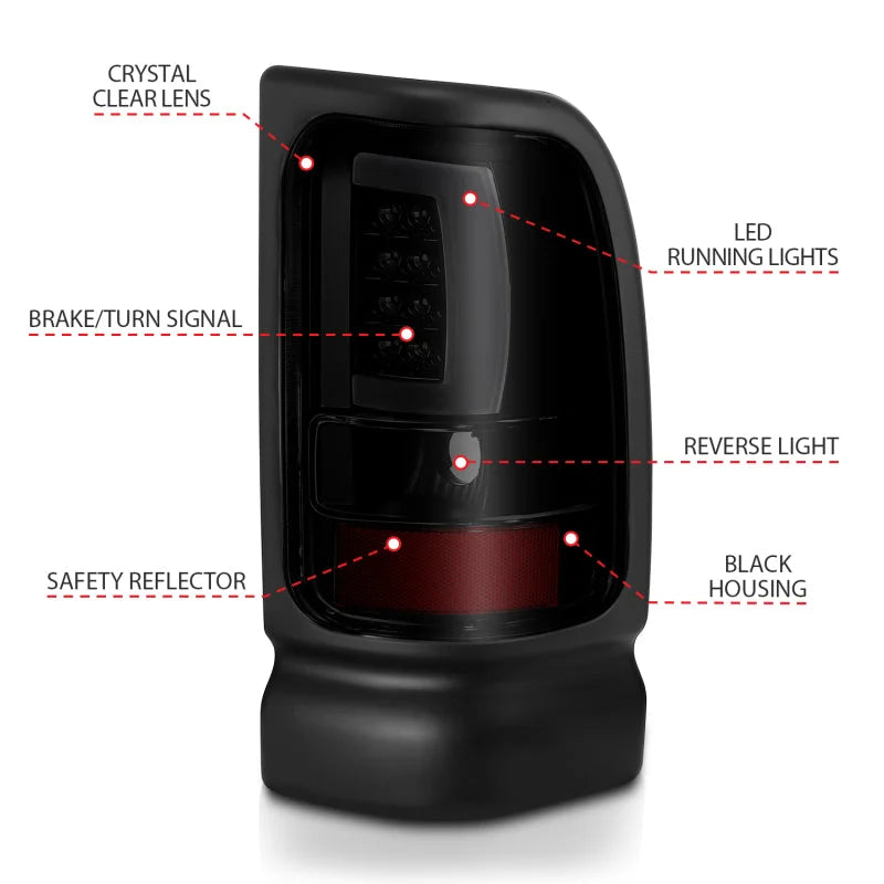 ANZO 1994-2001 Dodge Ram 1500 LED Taillights Plank Style Black w/Smoke Lens - Additional View 6