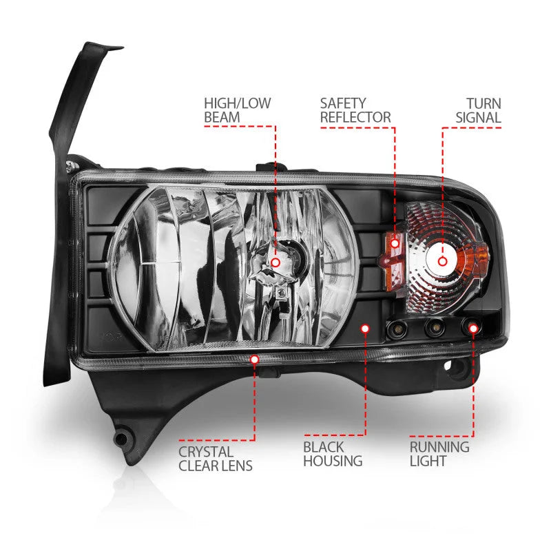 ANZO 1994-2001 Dodge Ram Crystal Headlights Black w/ LED - Additional View 6