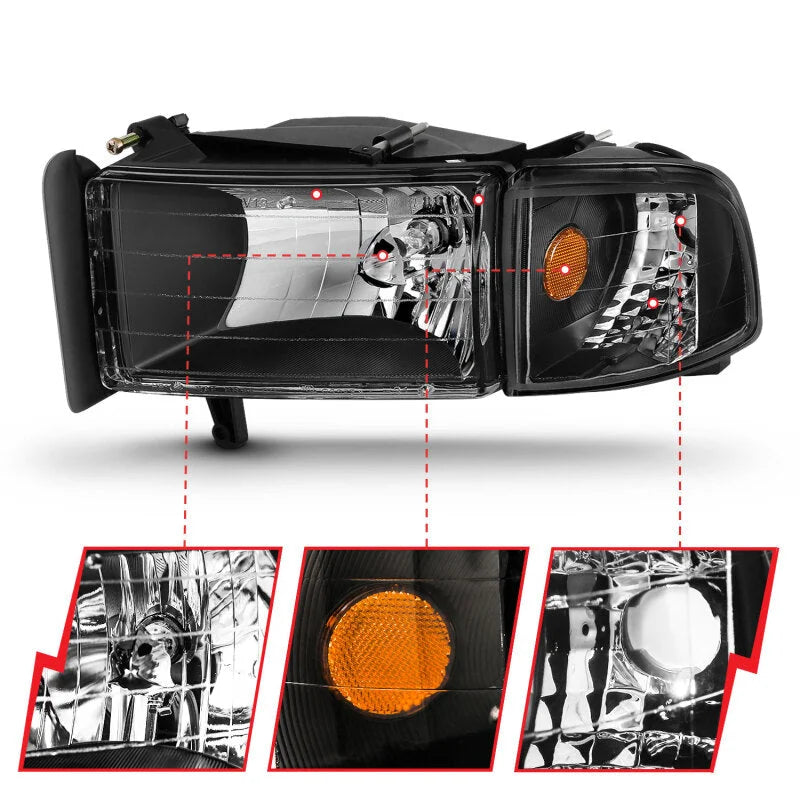 ANZO 1994-2001 Dodge Ram Crystal Headlights Black - Installation View