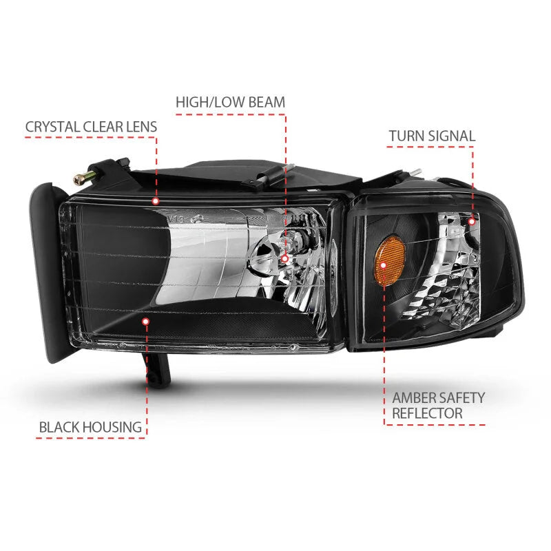 ANZO 1994-2001 Dodge Ram Crystal Headlights Black - Additional View 7