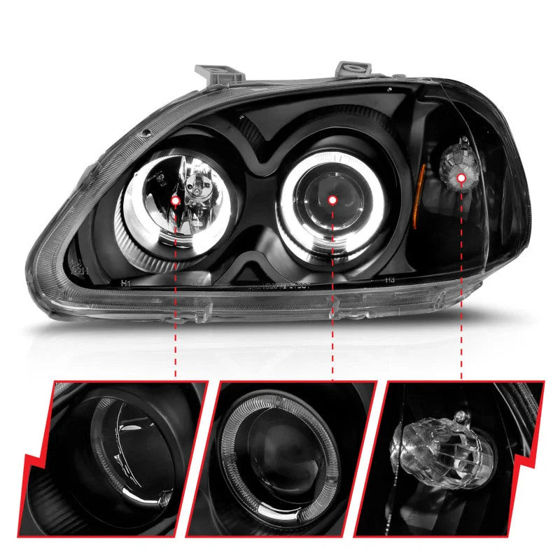 ANZO 1996-1998 Honda Civic Projector Headlights w/ Halo Black - Back View