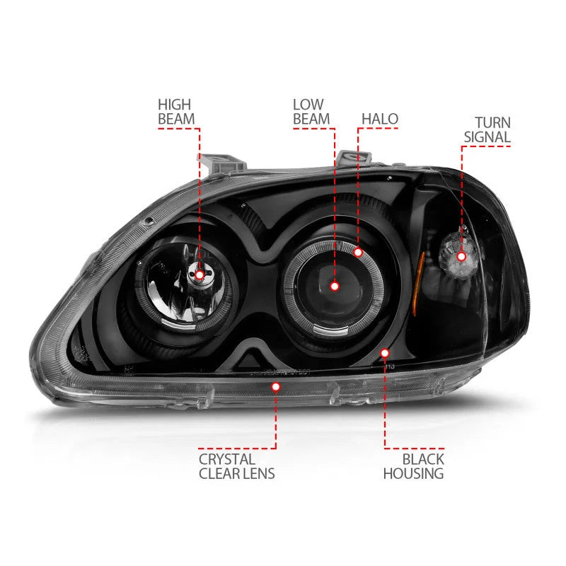 ANZO 1996-1998 Honda Civic Projector Headlights w/ Halo Black - Installation View