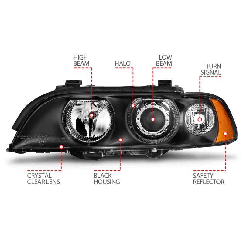 ANZO 1997-2001 BMW 5 Series Projector Headlights w/ Halo Black - Installation View