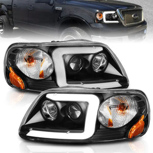 ANZO 1997-2003 Ford F-150 Projector Headlights w/ Light Bar Black Housing - Main Product View