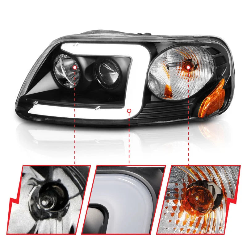 ANZO 1997-2003 Ford F-150 Projector Headlights w/ Light Bar Black Housing - Installation View