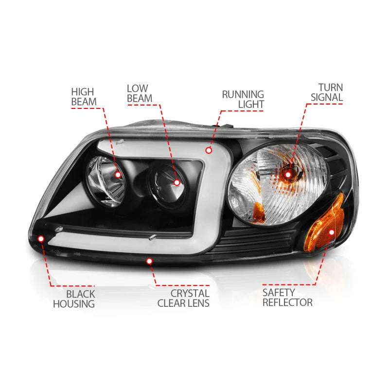 ANZO 1997-2003 Ford F-150 Projector Headlights w/ Light Bar Black Housing - Additional View 6