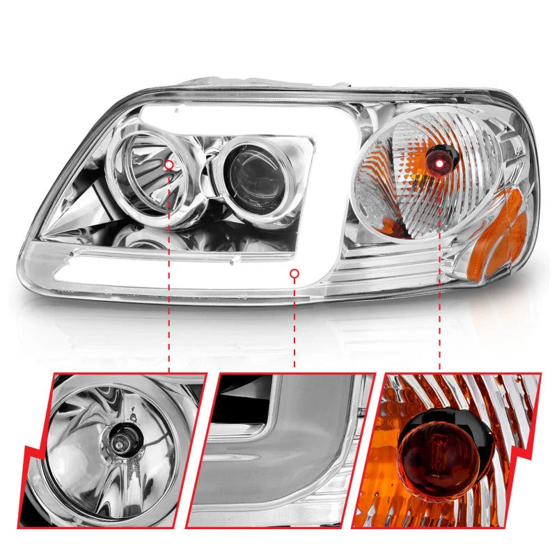ANZO 1997-2003 Ford F-150 Projector Headlights w/ Light Bar Chrome Housing - Back View