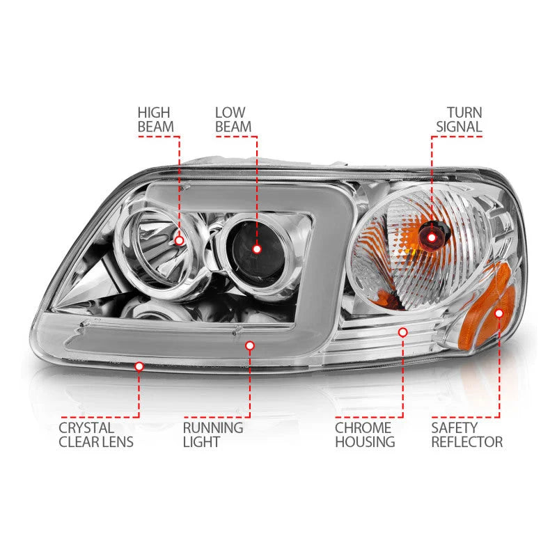 ANZO 1997-2003 Ford F-150 Projector Headlights w/ Light Bar Chrome Housing - Additional View 5