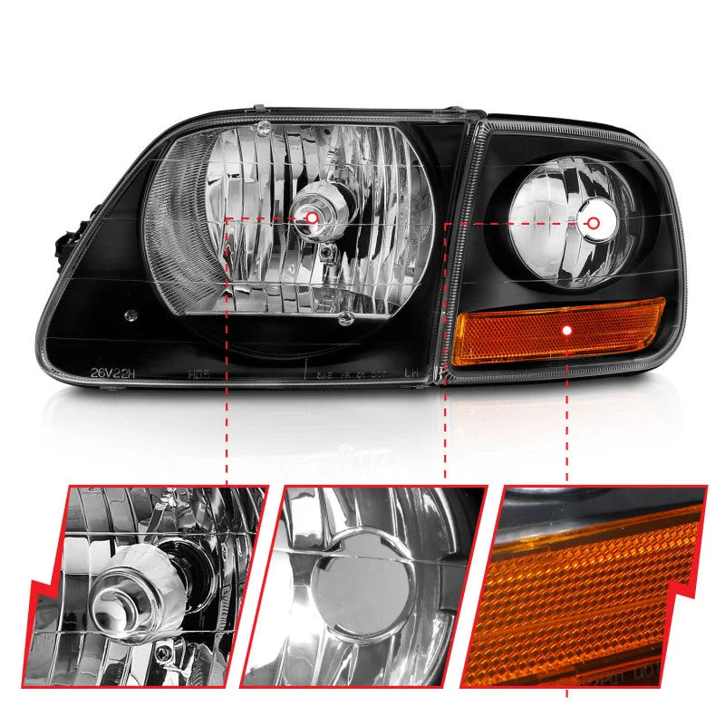 ANZO 1997-2003 Ford F150 Crystal Headlight Black w/ Parking Light - Back View