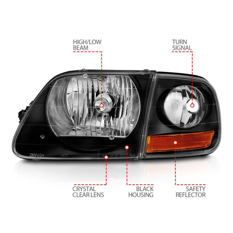 ANZO 1997-2003 Ford F150 Crystal Headlight Black w/ Parking Light - Installation View