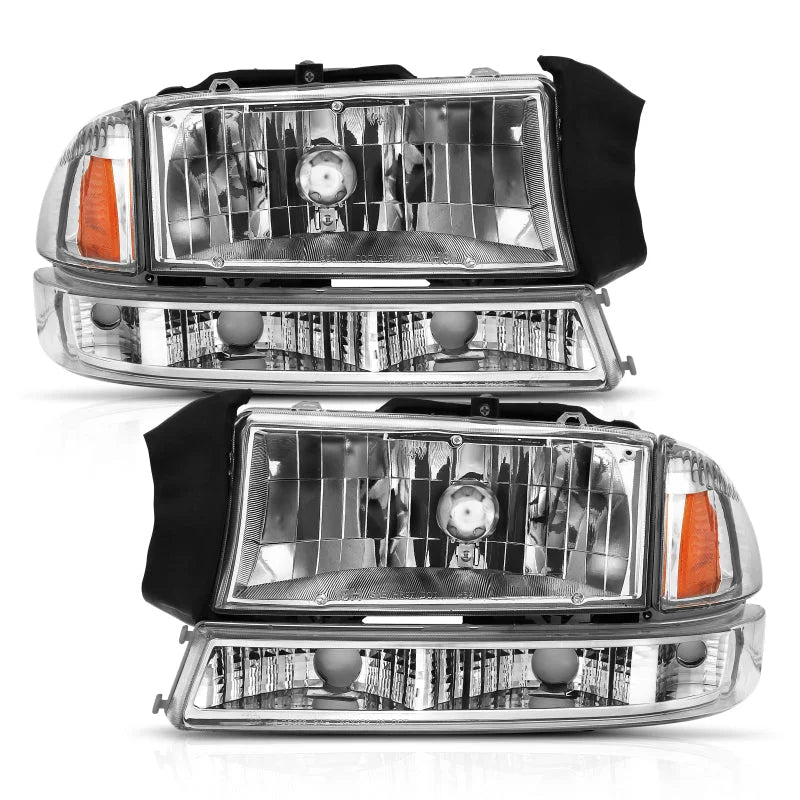 ANZO 1997-2004 Dodge Dakota Crystal Headlight Set Chrome Amber - Side View