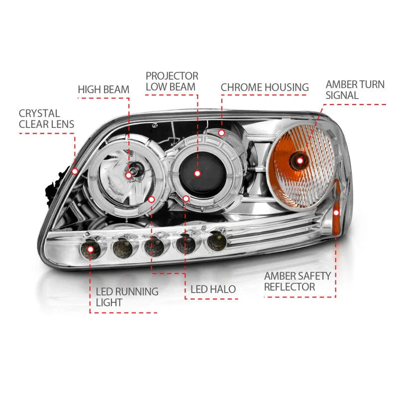ANZO 1997.5-2003 Ford F-150 Projector Headlights w/ Halo and LED Chrome 1pc - Installation View