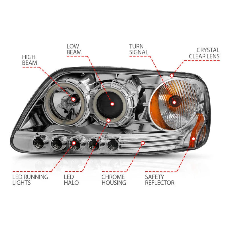 ANZO 1997.5-2003 Ford F-150 Projector Headlights w/ Halo Chrome 1pc - Additional View 7
