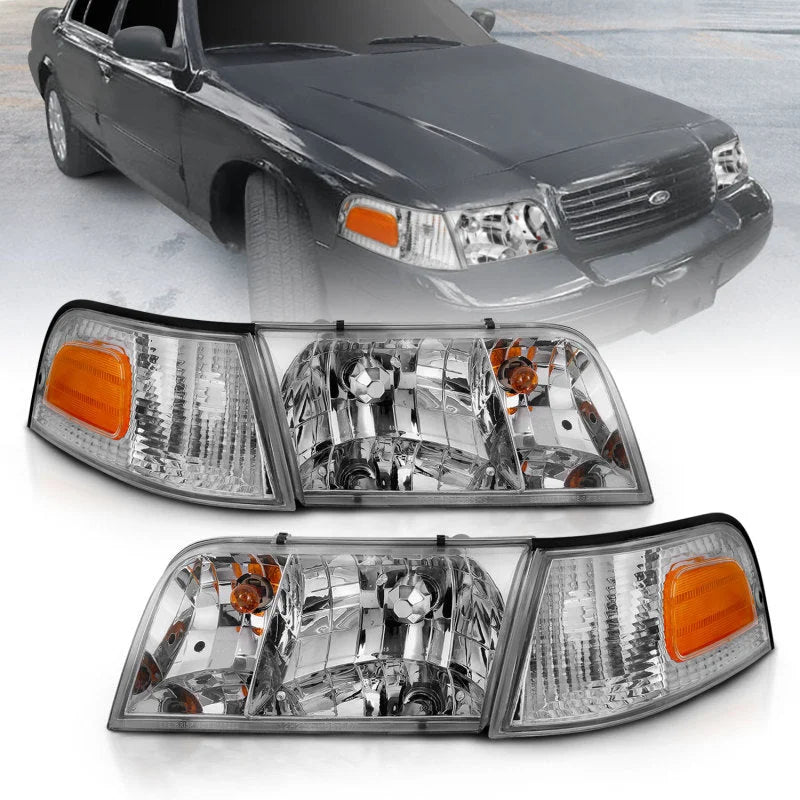 ANZO 1998-2005 Ford Crown Victoria Crystal Headlight Chrome With Bumper Light (OE) - Main Product View