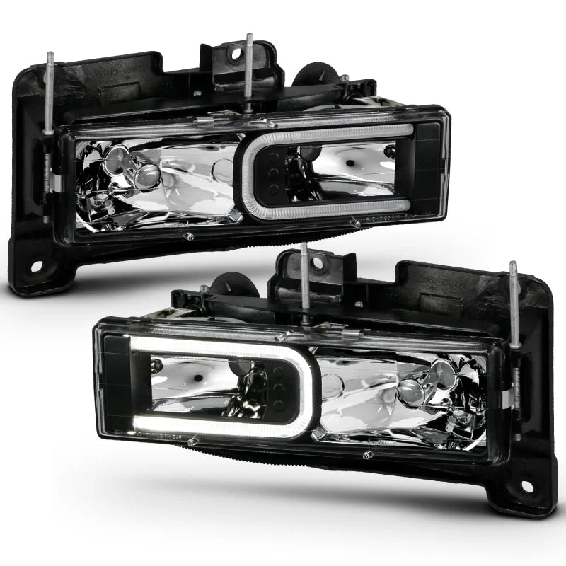 ANZO 1999-2000 Cadillac Escalade Crystal Headlights Light Bar Black Housing (Pair) - Side View