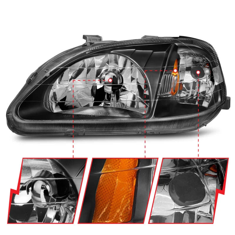 ANZO 1999-2000 Honda Civic Crystal Headlights Black - Side View