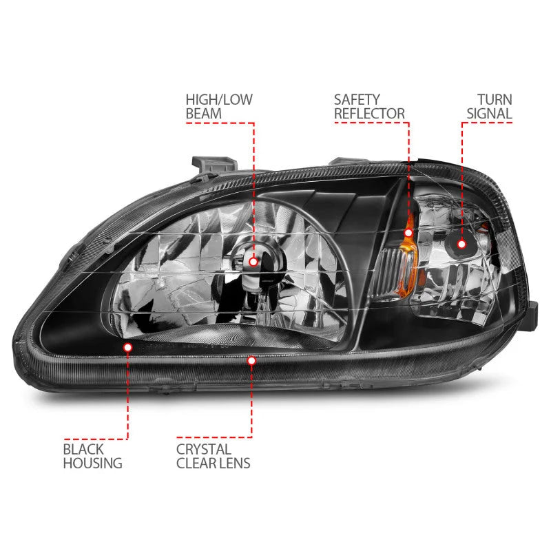 ANZO 1999-2000 Honda Civic Crystal Headlights Black - Additional View 6