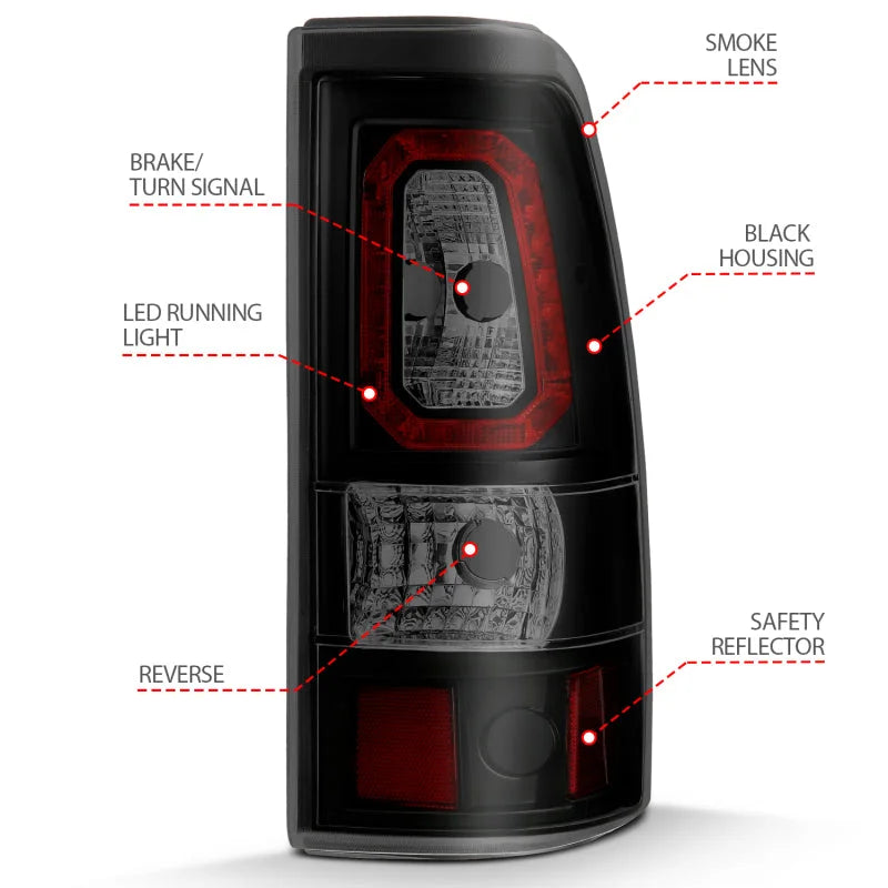 ANZO 1999-2002 Chevy Silverado 1500 LED Taillights Plank Style Black w/Smoke Lens - Back View