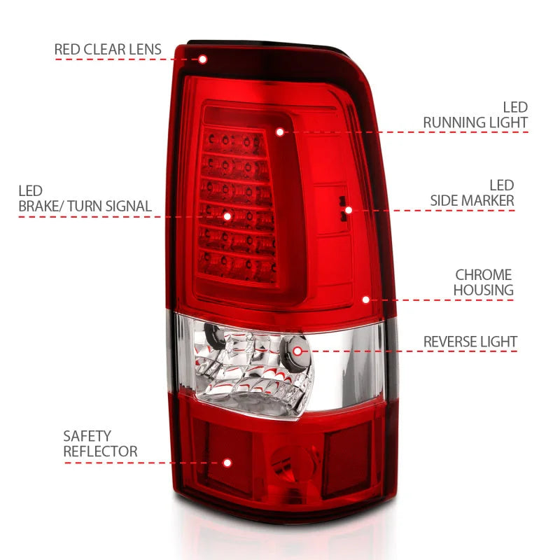 ANZO 1999-2002 Chevy Silverado 1500 LED Taillights Plank Style Chrome With Red/Clear Lens - Back View