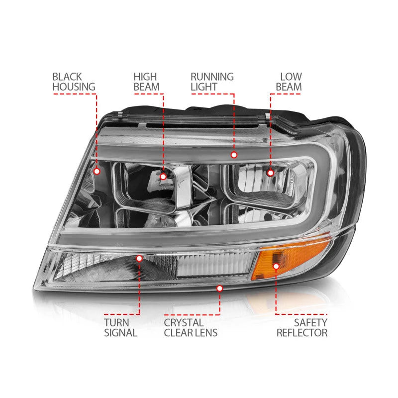 ANZO 1999-2004 Jeep Grand Cherokee Crystal Headlights w/ Light Bar Chrome Housing - Back View