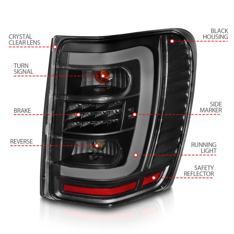 ANZO 1999-2004 Jeep Grand Cherokee LED Tail Lights w/ Light Bar Black Housing Clear Lens - Back View