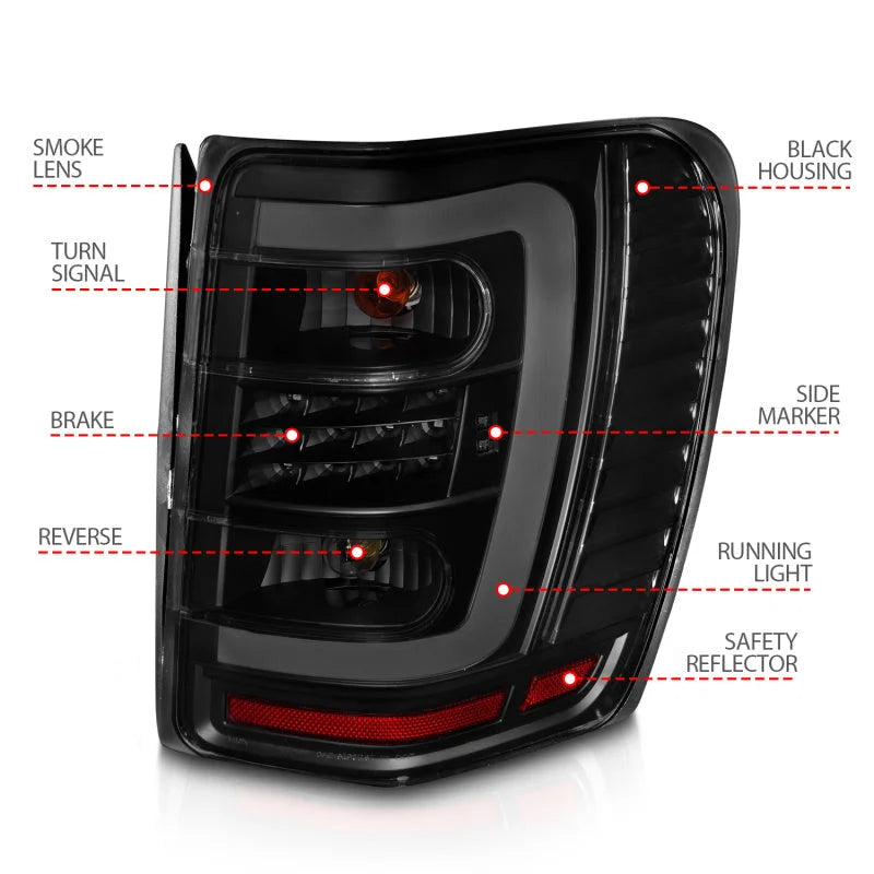 ANZO 1999-2004 Jeep Grand Cherokee LED Tail Lights w/ Light Bar Black Housing Smoke Lens - Installation View