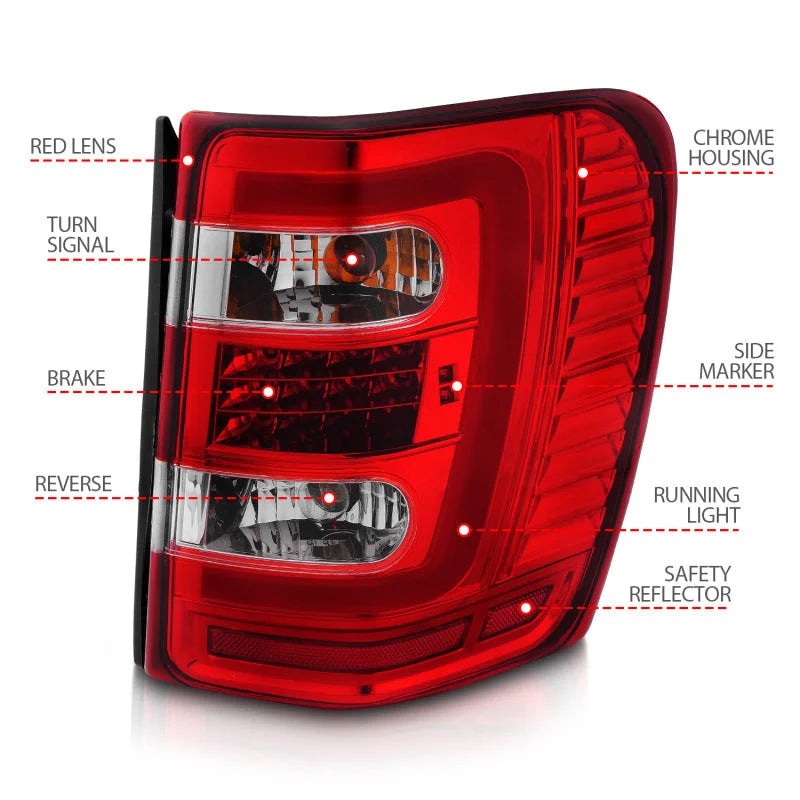 ANZO 1999-2004 Jeep Grand Cherokee LED Tail Lights w/ Light Bar Chrome Housing Red/Clear Lens - Installation View
