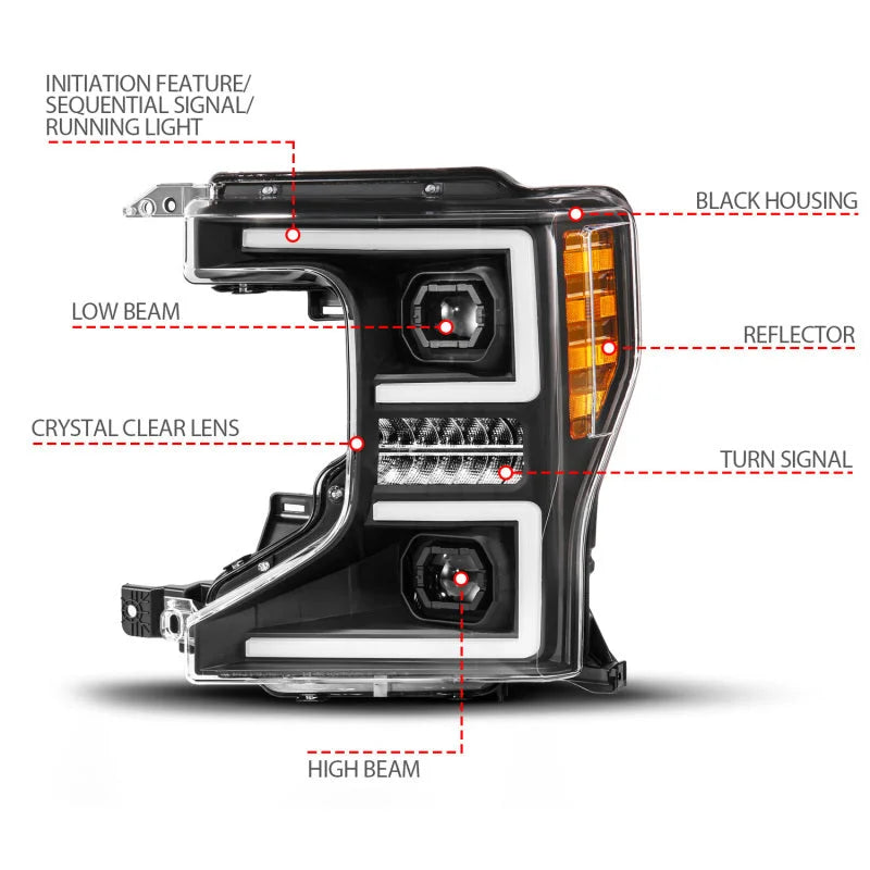 ANZO 20-22 Ford Super Duty (Halogen) Z-Series Full LED Proj Headlights SeqSig - Pass. Side ONLY - Back View