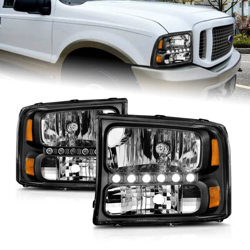 ANZO 2000-2004 Ford Excursion Crystal Headlights Black w/ LED 1pc - Main Product View