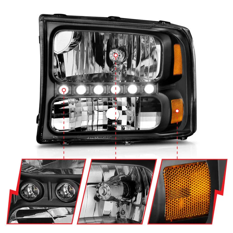 ANZO 2000-2004 Ford Excursion Crystal Headlights Black w/ LED 1pc - Additional View 9