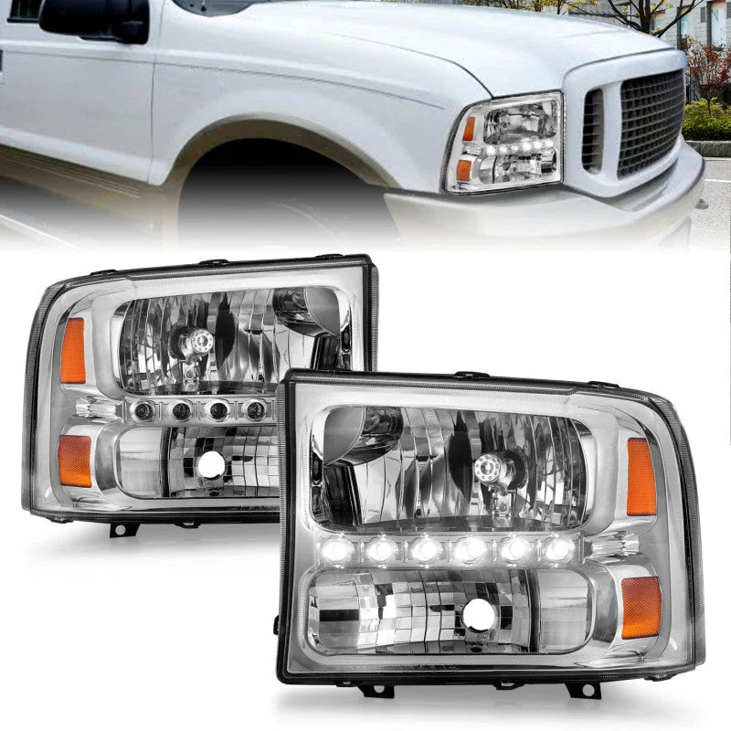ANZO 2000-2004 Ford Excursion Crystal Headlights Chrome w/ LED 1pc - Side View