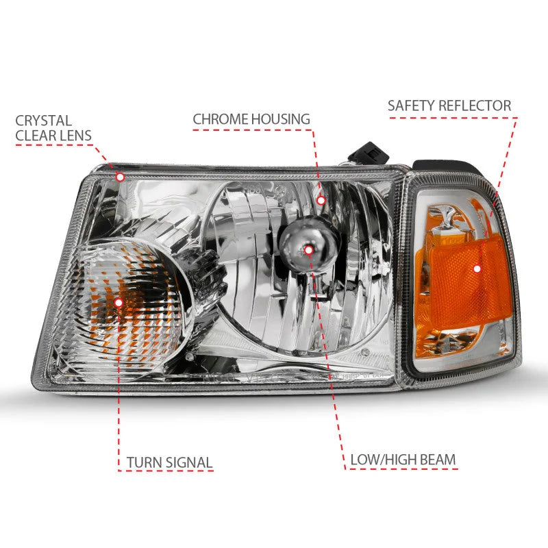ANZO 2001-2011 Ford Ranger Crystal Headlight Chrome w/Corner Lights (OE Replacement) - Side View