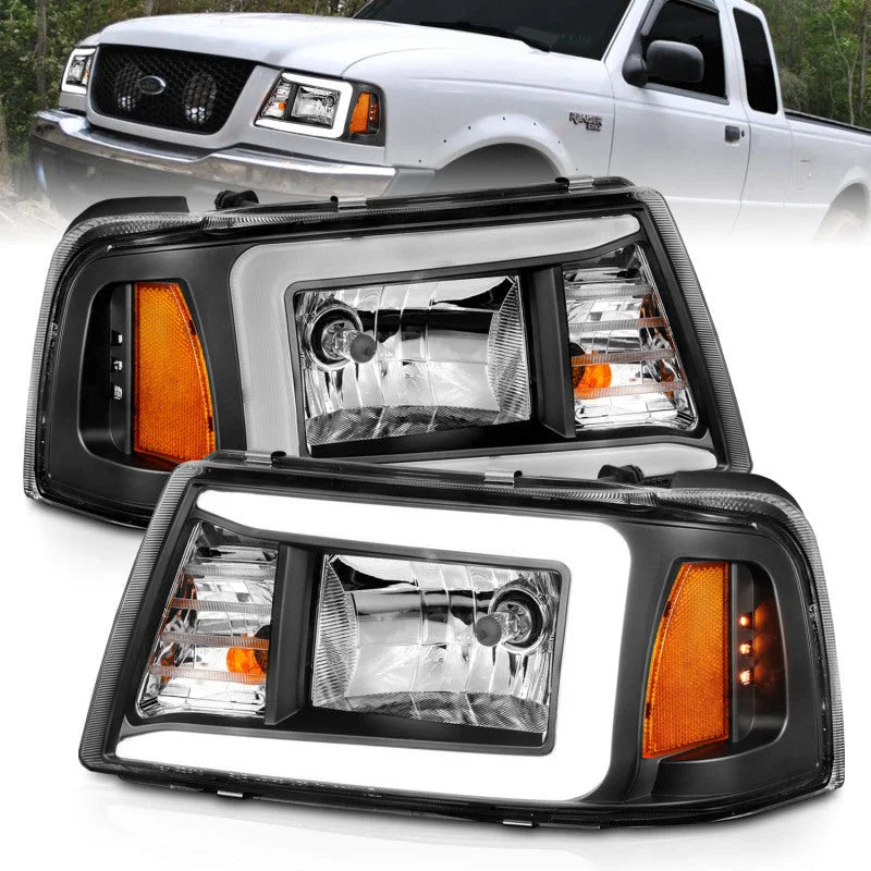 ANZO 2001-2011 Ford Ranger Crystal Headlights w/ Light Bar Black Housing - Main Product View
