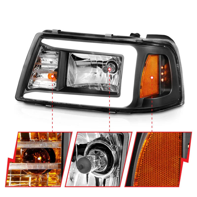 ANZO 2001-2011 Ford Ranger Crystal Headlights w/ Light Bar Black Housing - Installation View