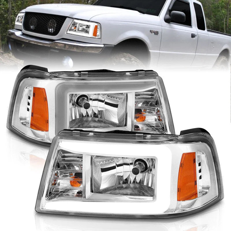 ANZO 2001-2011 Ford Ranger Crystal Headlights w/ Light Bar Chrome Housing - Main Product View