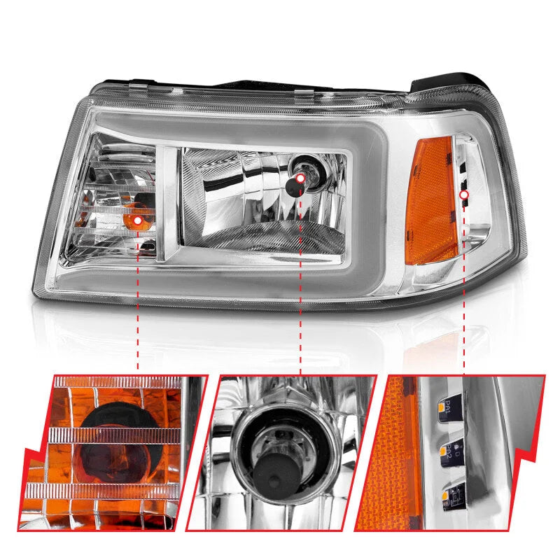 ANZO 2001-2011 Ford Ranger Crystal Headlights w/ Light Bar Chrome Housing - Side View